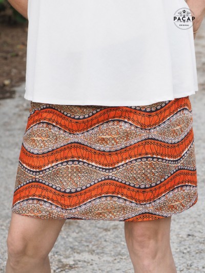 jupe ethnique imprimée orange coupe droite taille haute ajustable femme en coton
