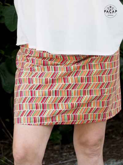 jupe droite réversiblle imprimée motif  rayures colorée longueur genoux