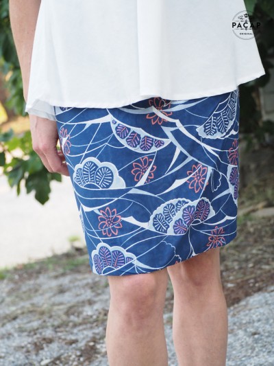 mid-length cotton tulip skirt in blue with floral pattern, women's adjustable waistband