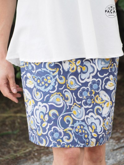jupe genoux bleue été a fleurs en coton reversible coupe droite fendue