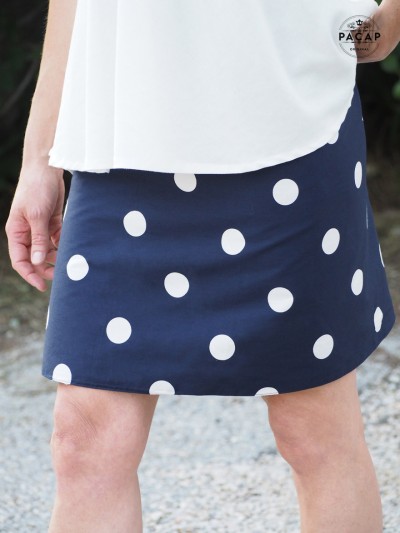 high-waisted cotton reversible polka dot print blue wrap skirt for women