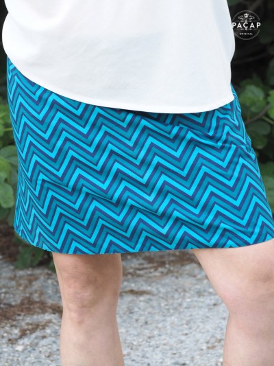knee-length blue herringbone print wrap skirt for women