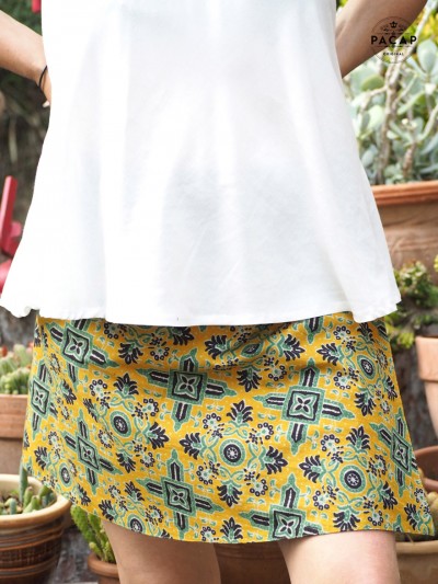 women's printed wrap skirt with green and yellow motif
