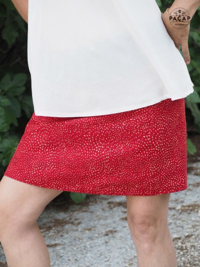 jupe portefeuille rouge a pois coton de qualité taille ajustable