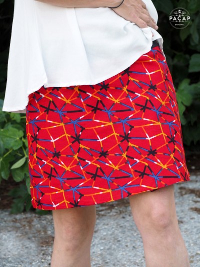 jupe rouge femme multi taille reversible coupe droite motif rétro psychédelique multicolore
