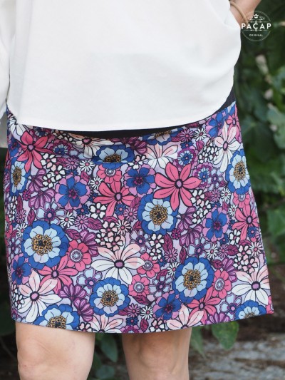 Blue pink multicolored floral printed cotton knee-length wrap skirt