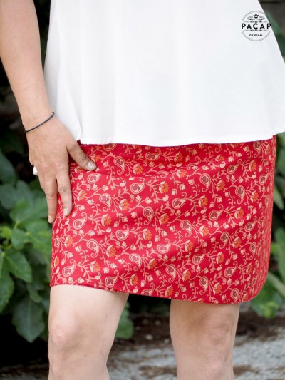 women's red paisley print skirt, adjustable size 34 to 46, straight cut