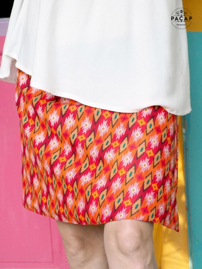 women's summer ethnic skirt orange flared cut multicolored printed cotton colléction