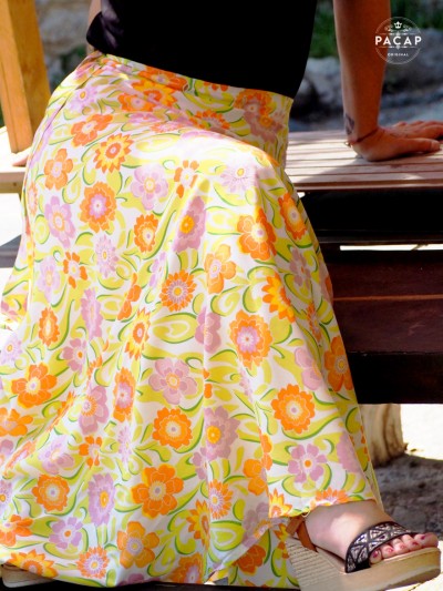 long white summer skirt multicolor flower power yellow thin belt to tie flared cut yellow
