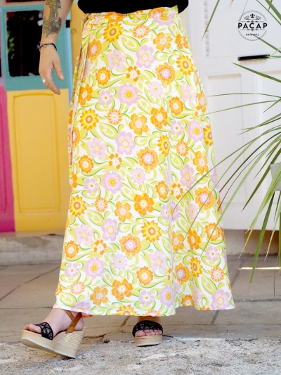 colorful long skirt in viscose / rayon high waist big green yellow orange and pink flowers