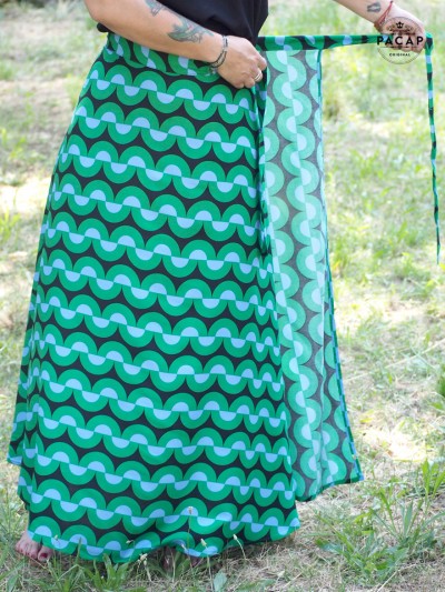 long green skirt with slit and tie belt
