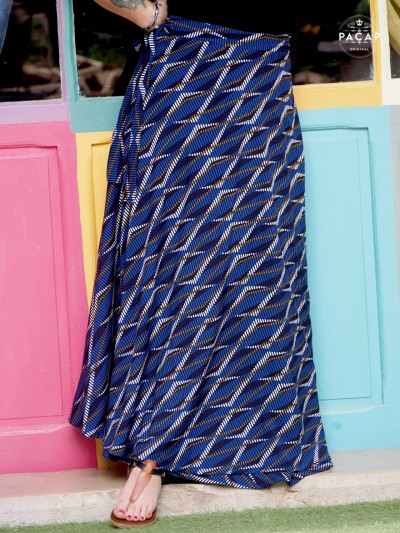 women's blue wrap midi skirt in ethnic African print