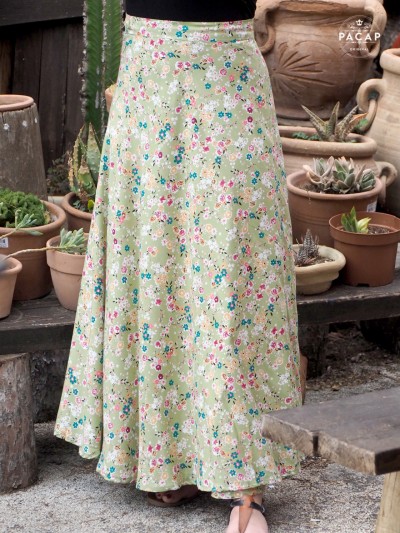 green skirt with liberty flower motif in flowing viscose