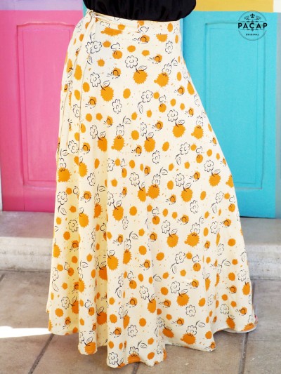 high-waisted wrap skirt in yellow with flowers