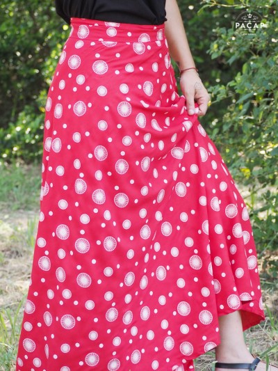 red slit skirt with circle and mandala polka-dot motif
