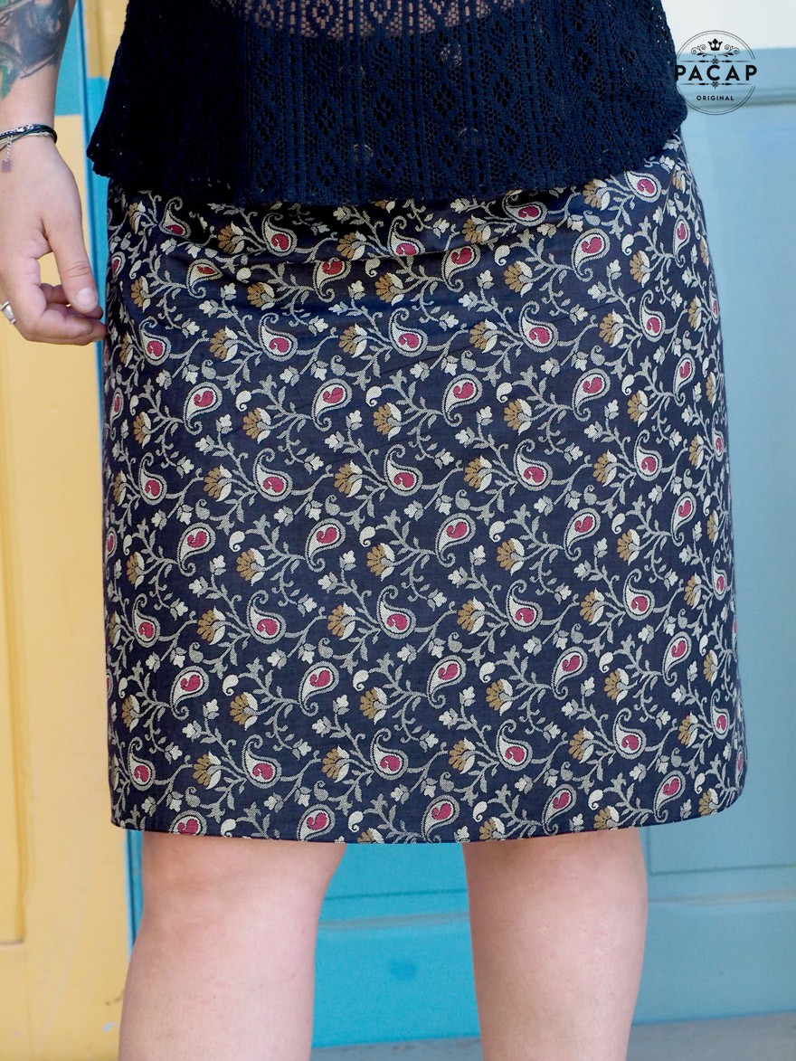 jupe portefeuille noire femme imprimé cachemire paisley