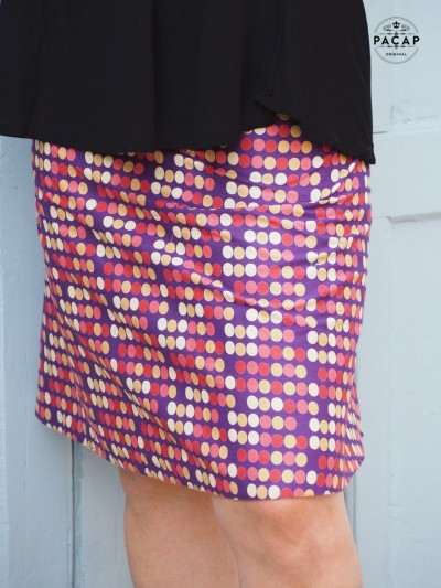 purple wrap skirt with pink polka dots
