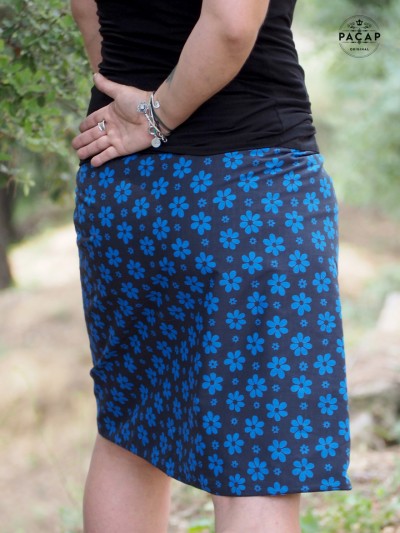 black wrap skirt with blue flowers
