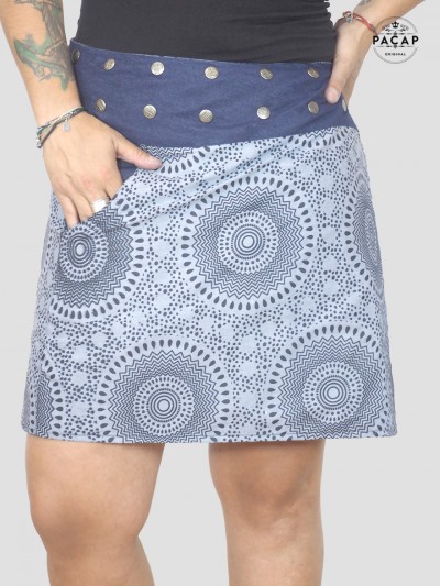 jupe ethnique bleue pour femme taille haute ajustable reversible avec poche motif mandala, jupe portefeuille droite