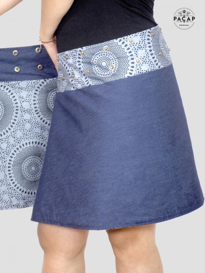 jupe africaine reversible en jean imprimé multi taille longueur genoux, jupe portefeuille, enveloppante wrap