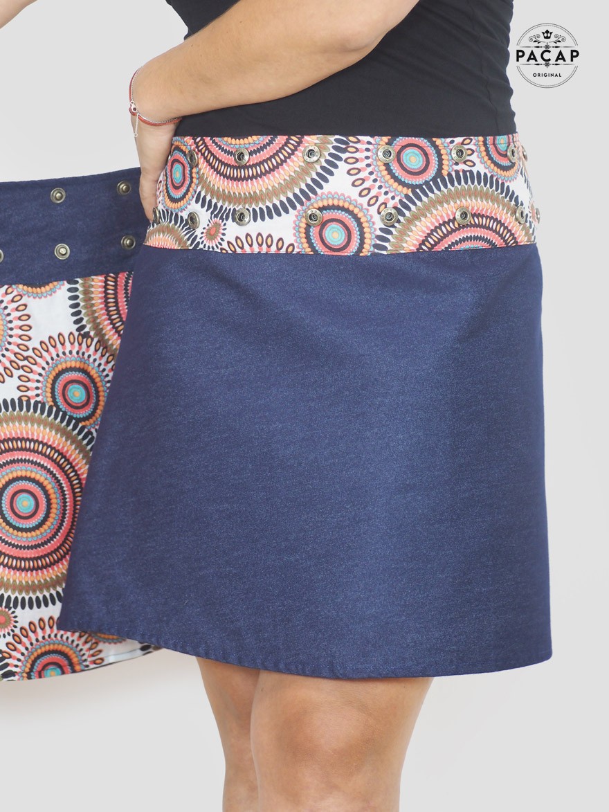 jupe reversible en jean imprimé avec poche coupe trapèze