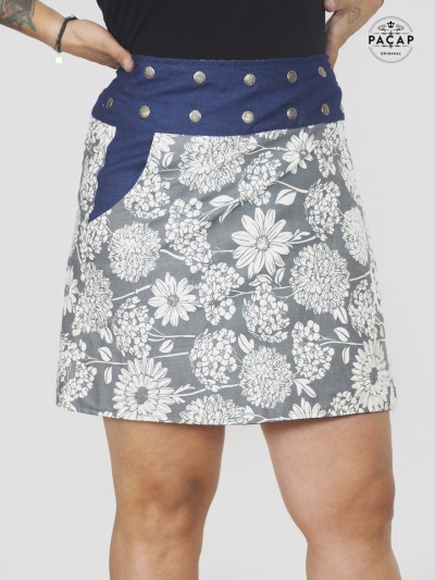 large white floral skirt with jeans pocket and snap fastener