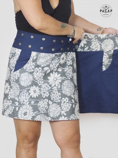 wrap-around jean skirt plus size adjustable reversible print with pockets