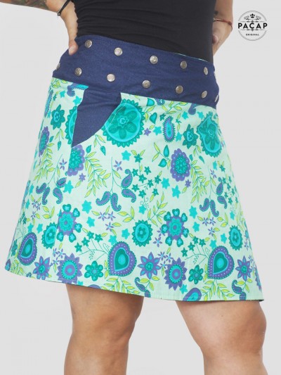 Green flared skirt with large floral print plus size pocket