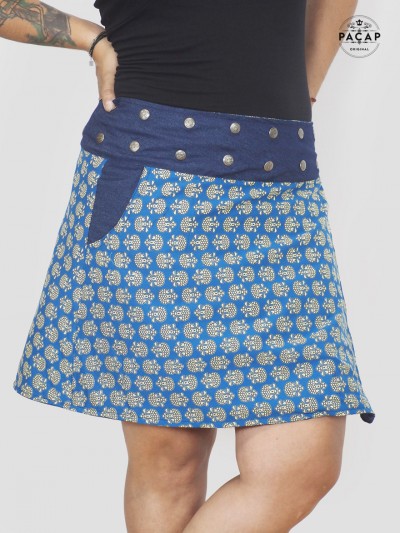 large blue skirt with flared denim pocket