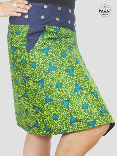 African apple green skirt with mandala print pocket