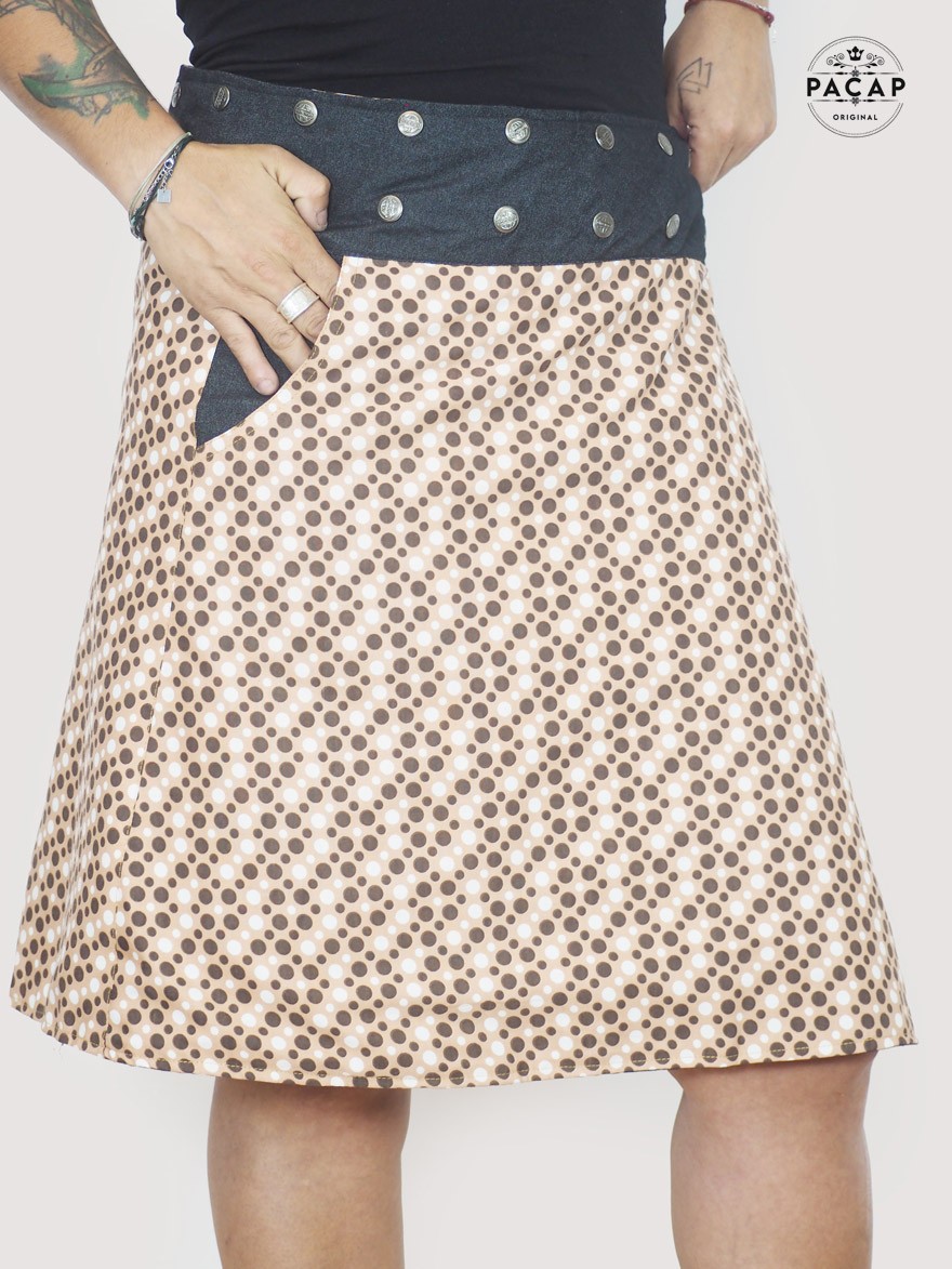 Brown polka dot print long skirt for plus size women with pockets