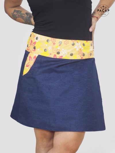 large denim skirt yellow floral belt