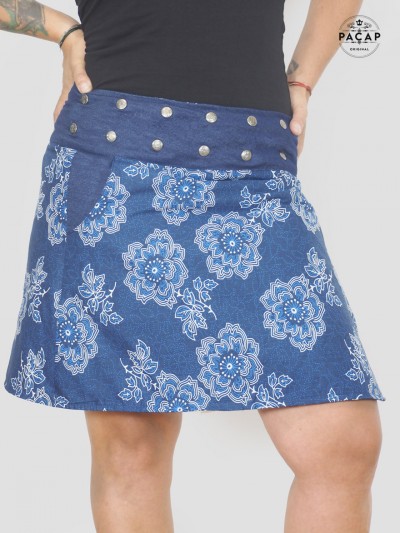 large blue skirt with flowers, pocket and snap fastener