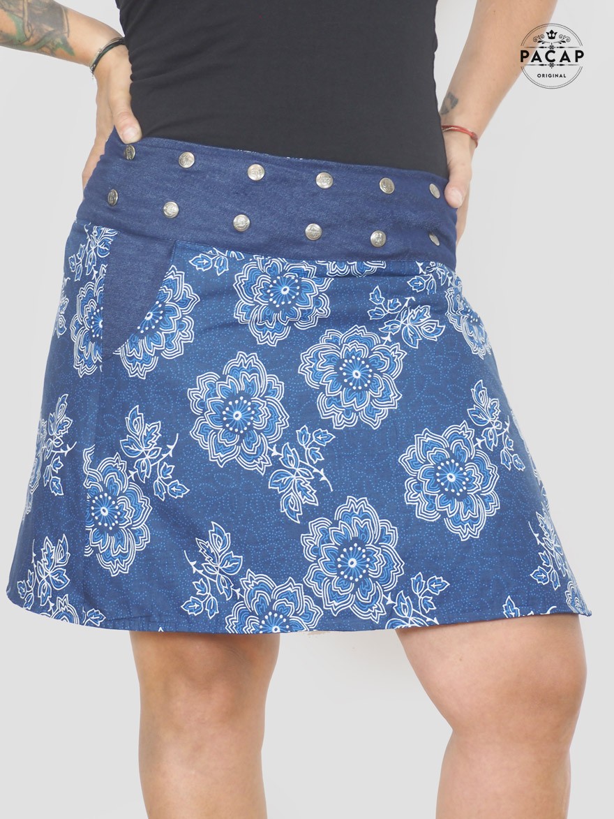 large blue skirt with flowers, pocket and snap fastener