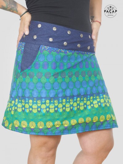 mid-length green ethnic skirt with large reversible waistband in printed cotton