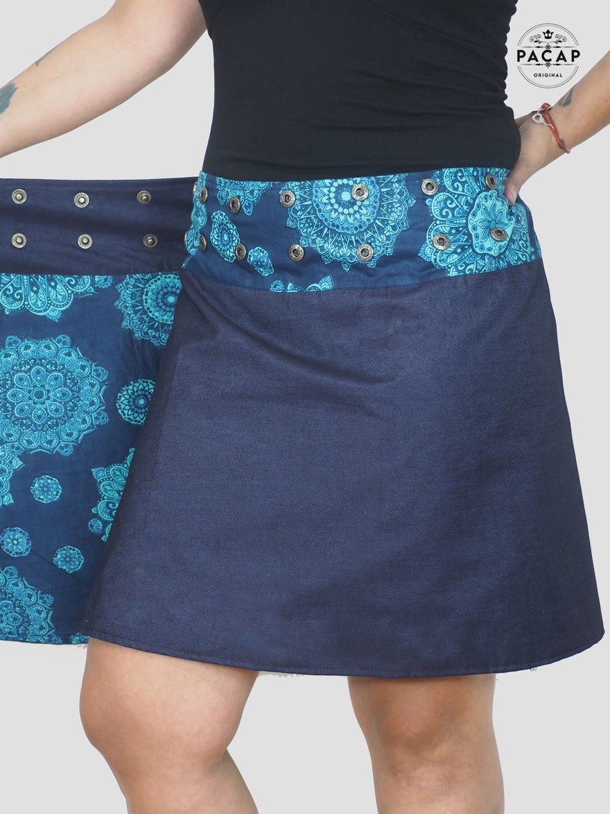 jupe réversible femme ronde, jupe motif ethnique, jupe boutons pression, jupe ajustable