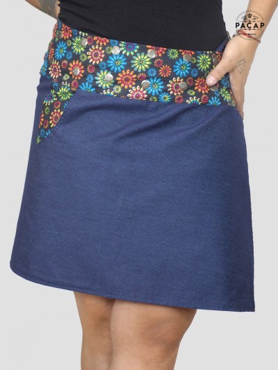 Women's denim skirt in multicolored floral print with pocket