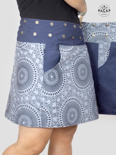women's denim skirt, ethnic skirt, wrap skirt, reversible skirt, denim skirt, buttoned belt skirt