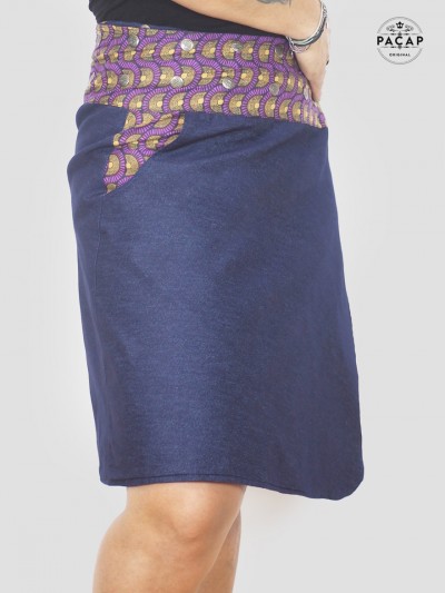 Reversible blue denim long skirt with pocket