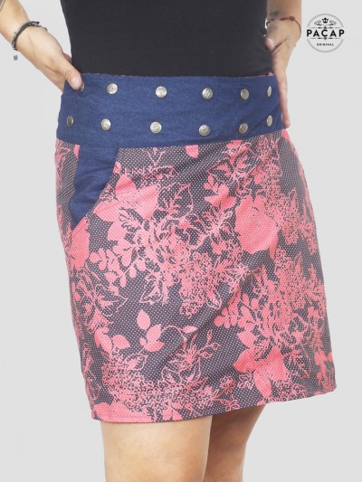 pink flower print skirt large size fitted