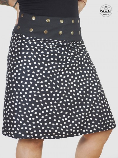 black knee-length skirt for women round flared cut check pattern