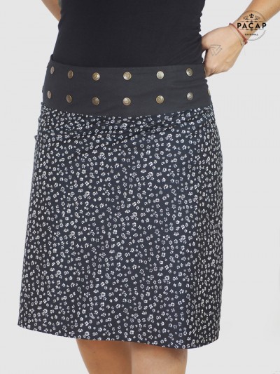large black skirt in liberty print cotton with small white flowers