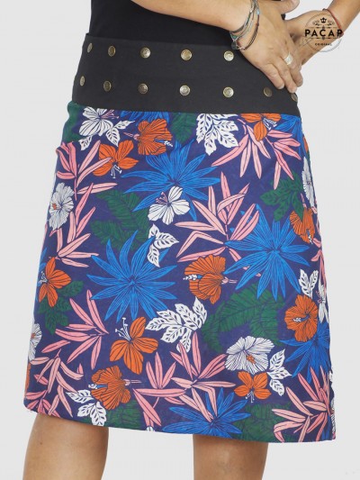 blue summer skirt large size tropical palm pattern multicolor blue red pink