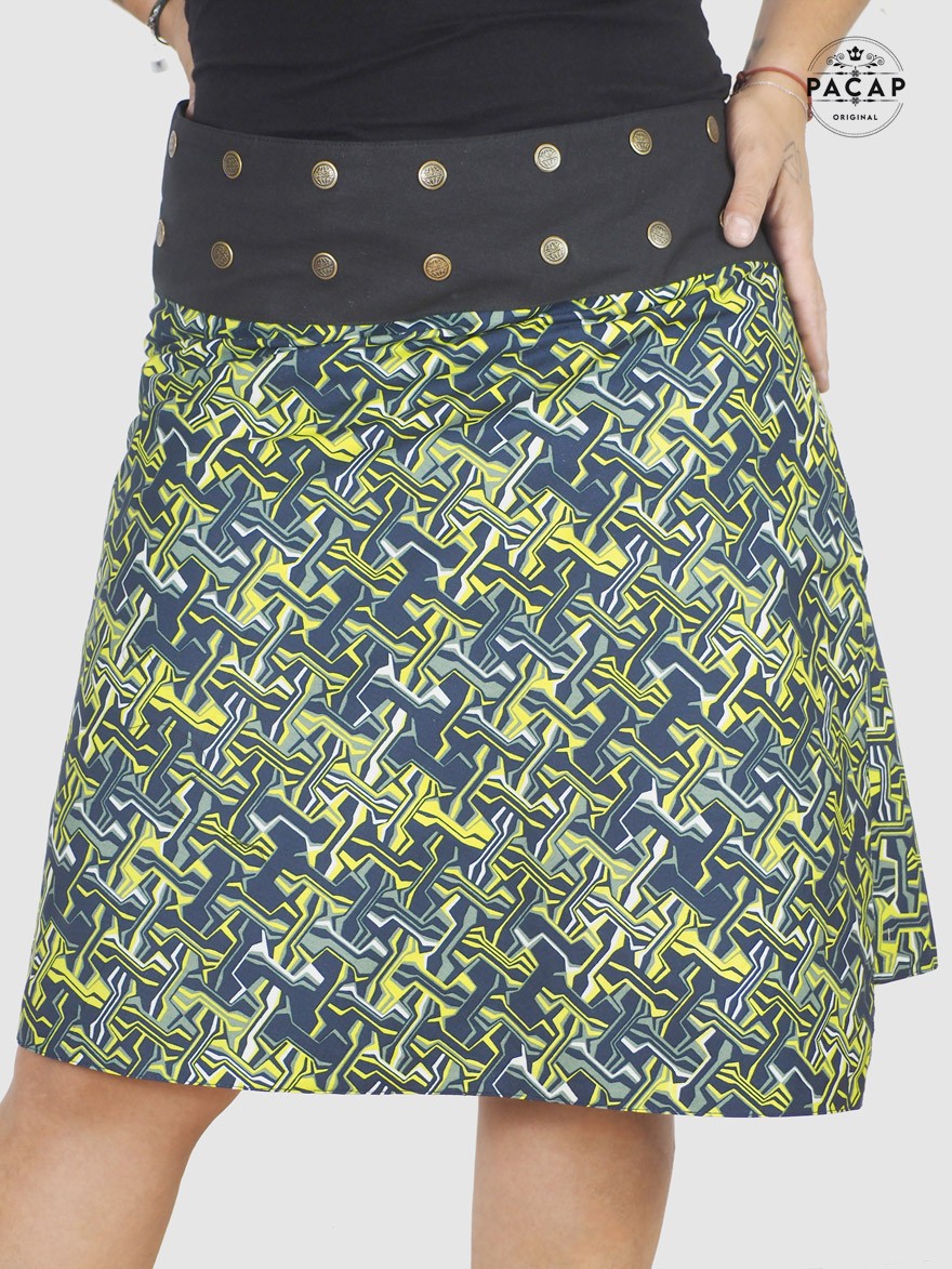 trapeze skirt large size green yellow and black psychedelic pattern