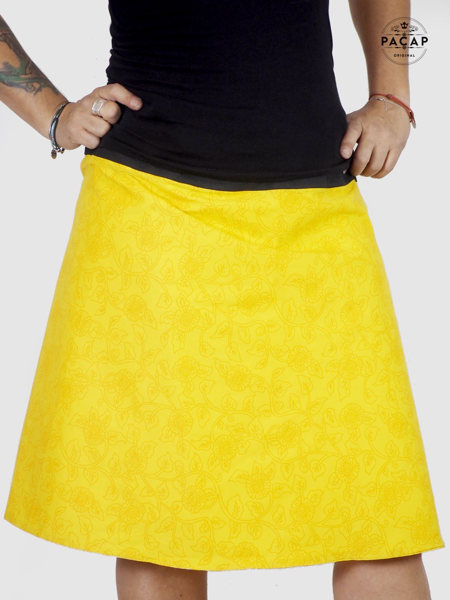 large women's yellow wrap skirt in printed cotton reversible