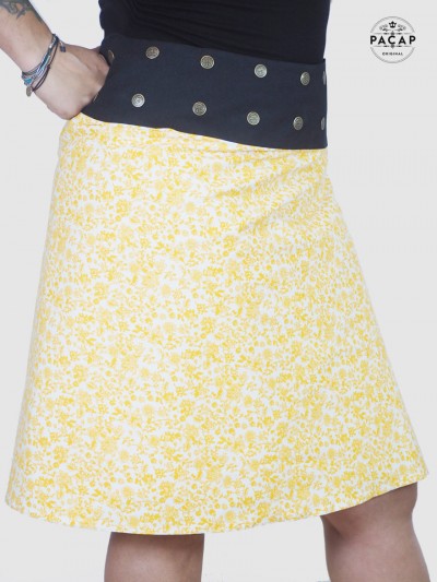 women's high-waisted white skirt with yellow floral pattern