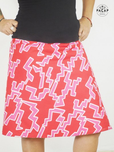 Retro vintage red printed knee-length women's multi-size skirt