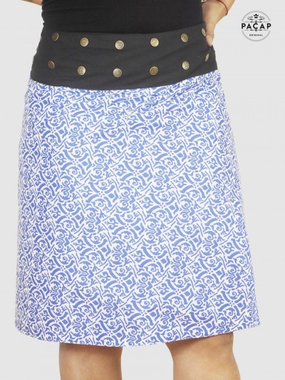 blue ethnic skirt with wide black piping snap fastener