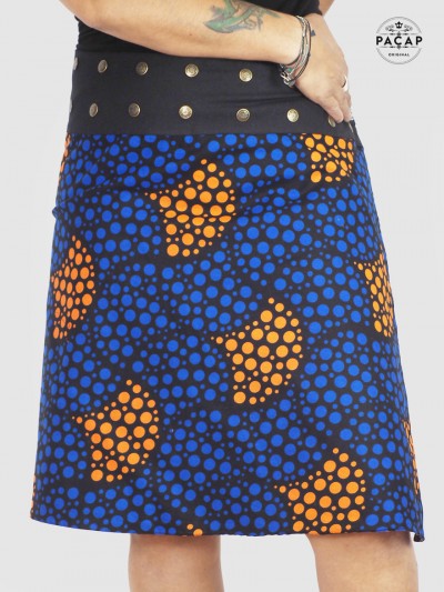 large skirt in blue and orange polka-dot African print cotton
