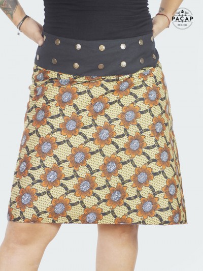 large brown floral wrap skirt